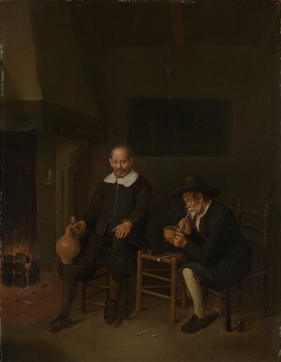 Interieur met een rokende en drinkende man bij een vuur door Quiringh Van Brekelenkam